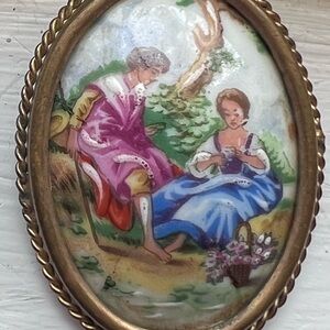 Hand-Painted Porcelain Oval Brooch with Pastoral Scene